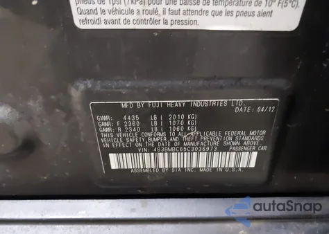 2012 Subaru Legacy 2.5I Premium z USA, uszkodzony, nr VIN 4S3BMBC65C3036973